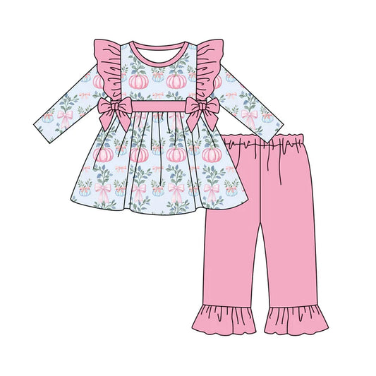Preorder (moq 5)Baby Girls Long Sleeves Pink Bows Pumpkins Tunic Ruffle Pant Set 6.18