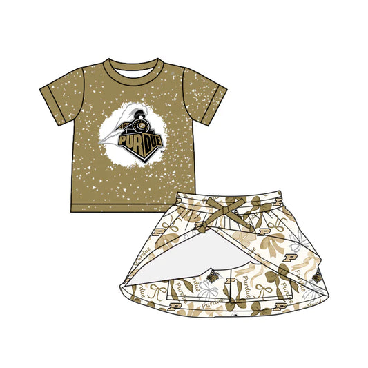 Preorder (moq 5)Baby Girls Olive Short Sleeves Purdue Top Bows P Plaid Skorts Team Set 6.16