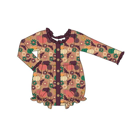 Preorder (moq 5)Baby Girls Dark Red Long Sleeves Pumpkins Flowers Button Ruffle Rompers 6.5