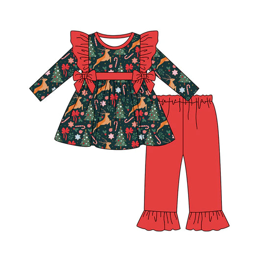 Preorder (moq 5)Baby Girls Long Sleeves Trees Deer Red Bows Tunic Ruffle Pant Set 6.18