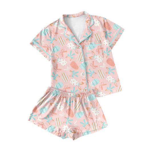 Preorder (moq 8)Baby Girls Colorful Bows Eggs Button Pocket Top Shorts Easter Pajamas Sets 9.16