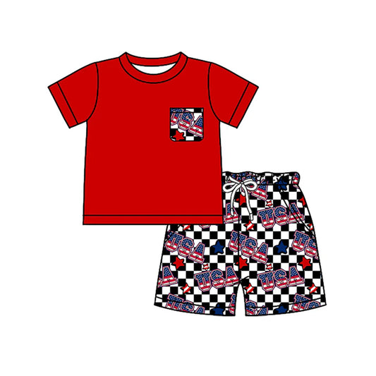 Preorder moq 5 Baby Boys Red Short Sleeves Pocket Top Black Short 4th Of July Set 4.23