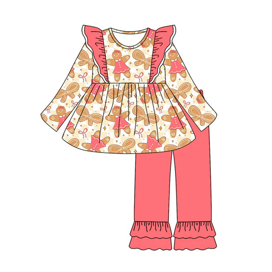 Preorder (moq 5)Baby Girls Long Sleeves Peach Bows Gingerbread Tunic Ruffle Pant Sets 6.23