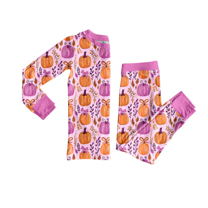 Preorder (moq 5)Baby Girls Hot Pink Long Sleeves Floral Pumpkins Top Pant Pajamas Set 5.27