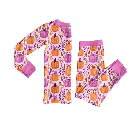 Preorder (moq 5)Baby Girls Hot Pink Long Sleeves Floral Pumpkins Top Pant Pajamas Set 5.27