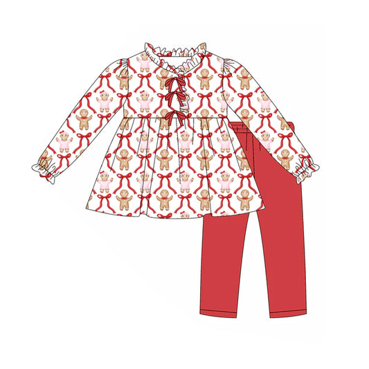 Preorder (moq 5)Baby Girls Christmas Gingerbread Bows Tunic Top Ruffle Pants Outfits Sets 8.11