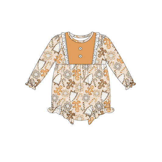 Preorder (moq 5)Baby Girls Long Sleeves Button Gingerbread Trees Plaid Ruffle Romper 7.7
