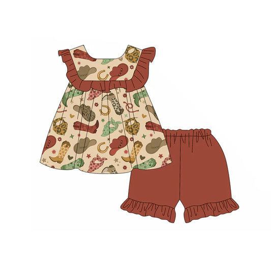 Preorder moq 5 Baby Girls Brown Sleeveless Hats Boots Tunic Ruffle Short Set 4.19