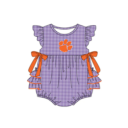 Preorder moq 5 Baby Girls Purple Plaid Flutter Sleeves Bows Pawl Team Rompers 7.11