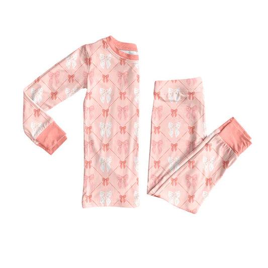 Preorder(moq 5) Baby Girls Coral Bows Top Pants Lounge Wear Pajamas Sets 8.14