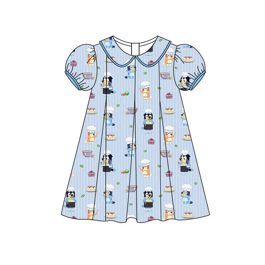 Preorder (moq 5)Baby Girls Blue Stripe Short Ruffle Sleeves Cartoon Dogs Knee Length Dresses 4.25