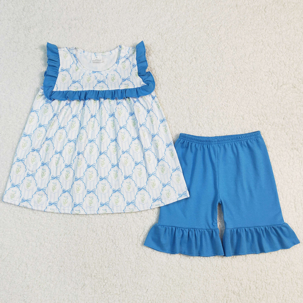 Baby Girls Clothes Blue Bows Flowers Tunic Tops Ruffle Shorts Sets GSSO2004