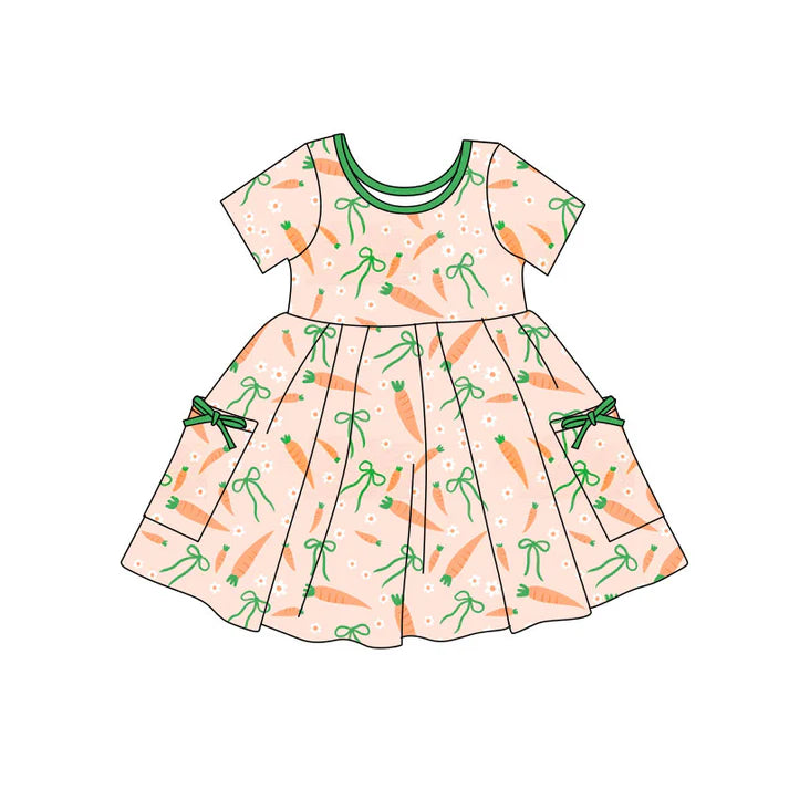 Preorder(moq 5) Baby Girls Carrots Flowers Easter Pockets Knee Length Dresses 11.4