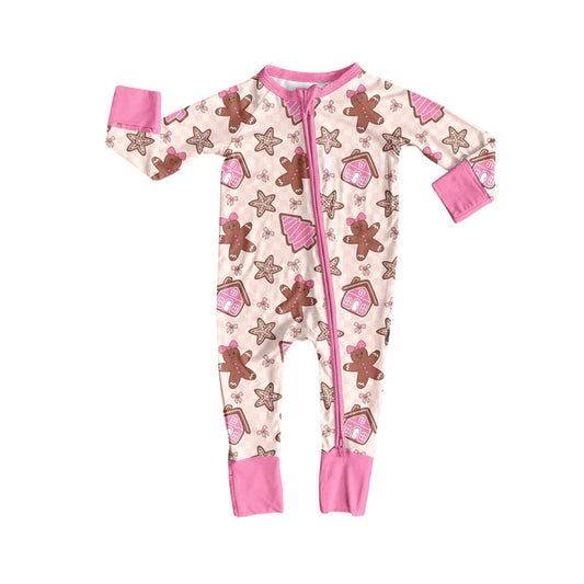 Preorder (moq 5)Baby Girls Long Sleeves Pink Gingerbread Plaid Zipper Pant Romper 7.5