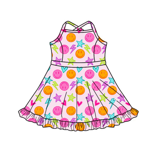Preorder(moq 5) Baby Girls Strap Colorful Smiles Stars Shorts Ruffle Knee Length Dresses 10.17
