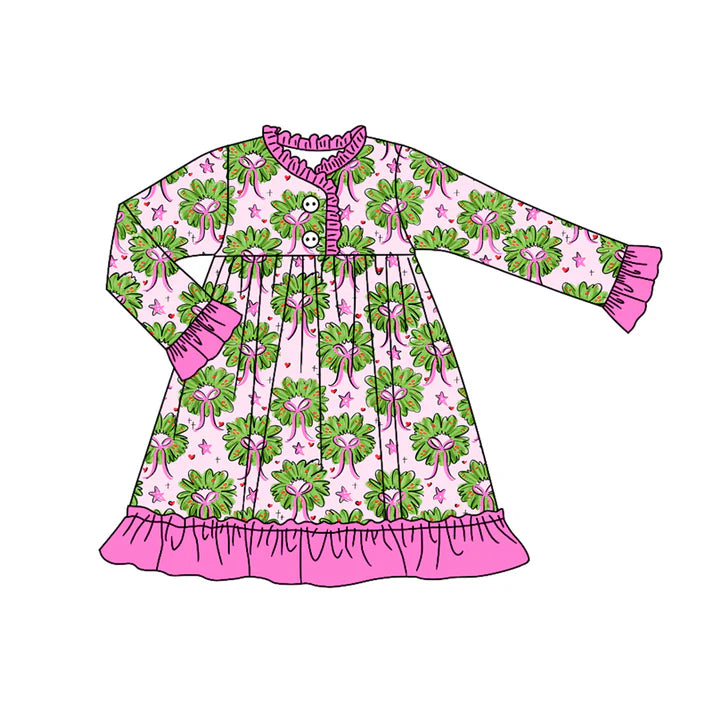 Preorder(moq 5) Baby Girls Long Ruffle Sleeves Holly Bows Plaid Button Knee Length Dresses 7.24