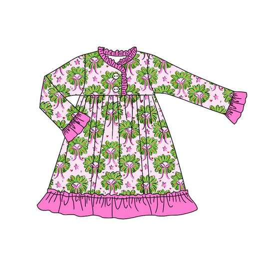Preorder(moq 5) Baby Girls Long Ruffle Sleeves Holly Bows Plaid Button Knee Length Dresses 7.24