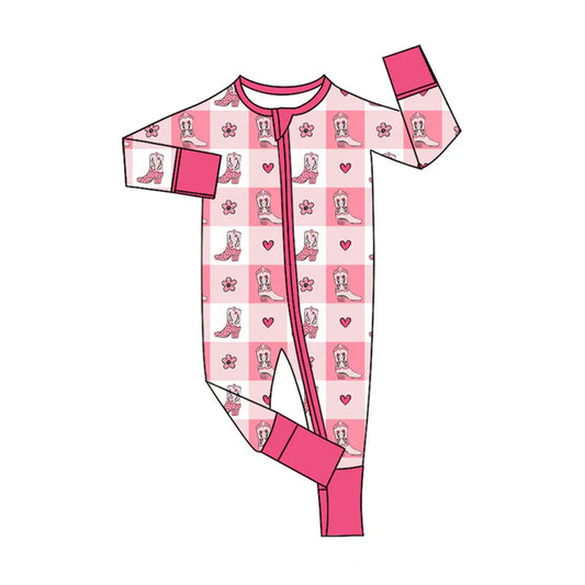 Preorder (moq 5)Baby Girls Howdy Boots Hearts Checked Western Zipper Footie Rompers 10.27