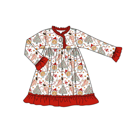 Preorder (moq 5)Baby Girls Long Ruffle Sleeves Candy Cane Trees Button Knee Length Dresses 7.1