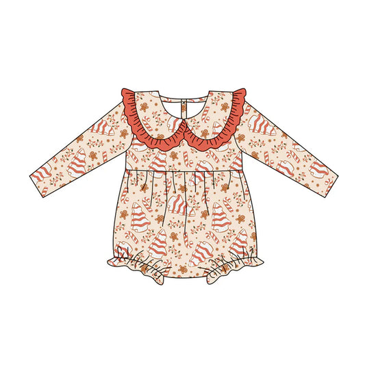 Preorder (moq 5)Baby Girls Long Sleeves Candy Cane Trees Lights Ruffle Romper 7.5
