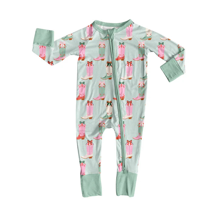 Preorder (moq 8)Baby Girls Pink Green Bows Boots Western Zipper Footie Rompers 10.1