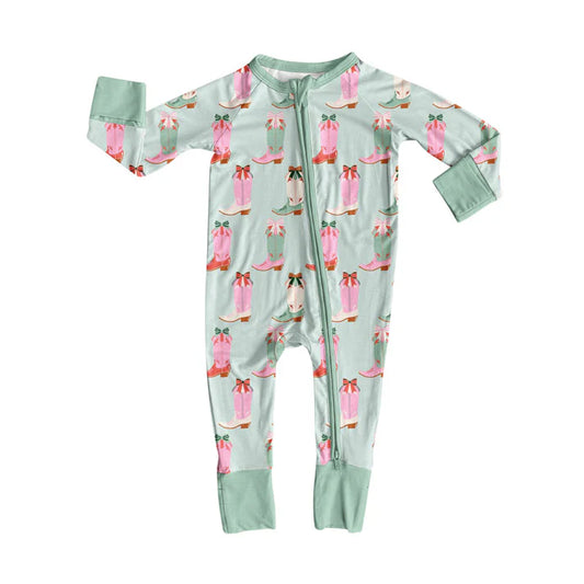 Preorder (moq 8)Baby Girls Pink Green Bows Boots Western Zipper Footie Rompers 10.1