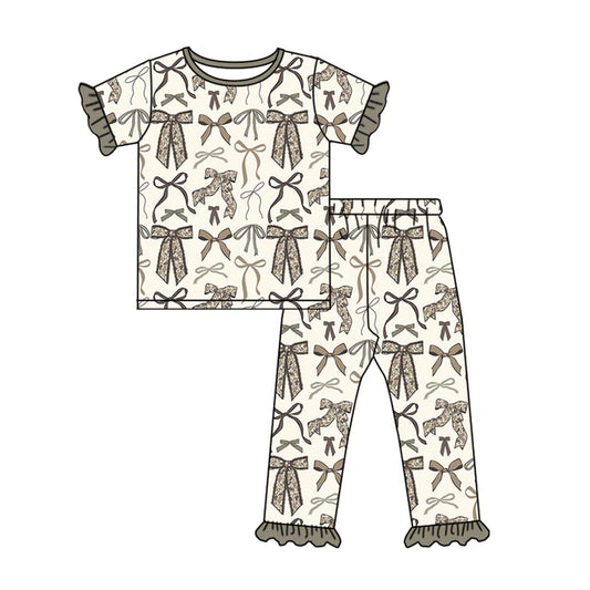 Preorder (moq 5)Baby Girls Short Sleeve Grey Camo Bows Top Ruffle Pant Pajamas Sets 12.15