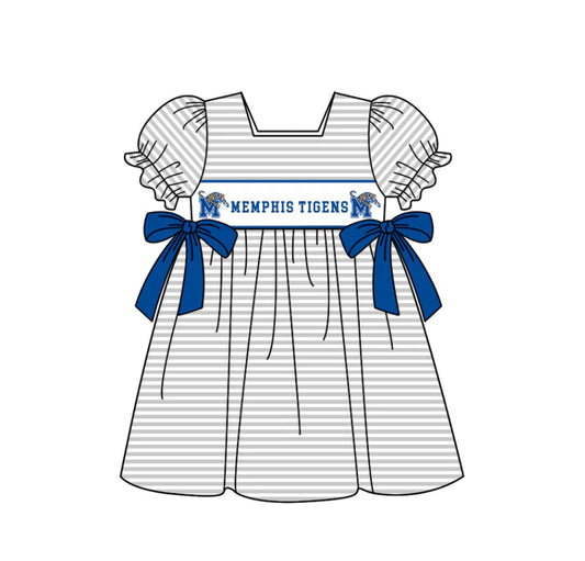 Preorder (moq 5)Baby Girls Memphis Tigers Bows Stripe Team Knee Length Dresses 12.6