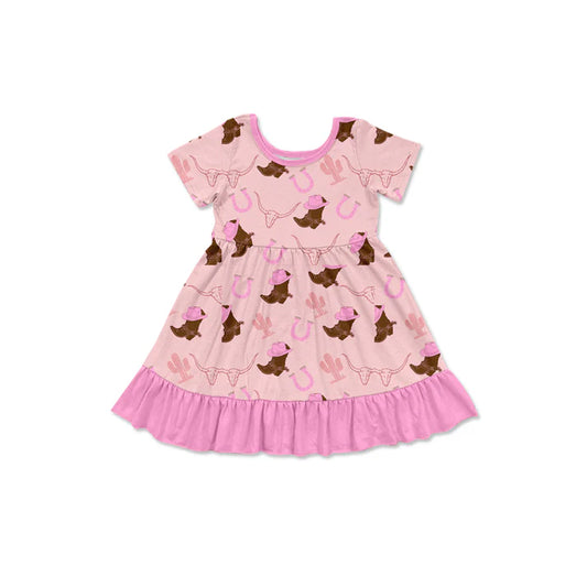Preorder (moq 5)Baby Girls Hat Boots Bull Skulls Western Ruffle Knee Length Dresses 11.26