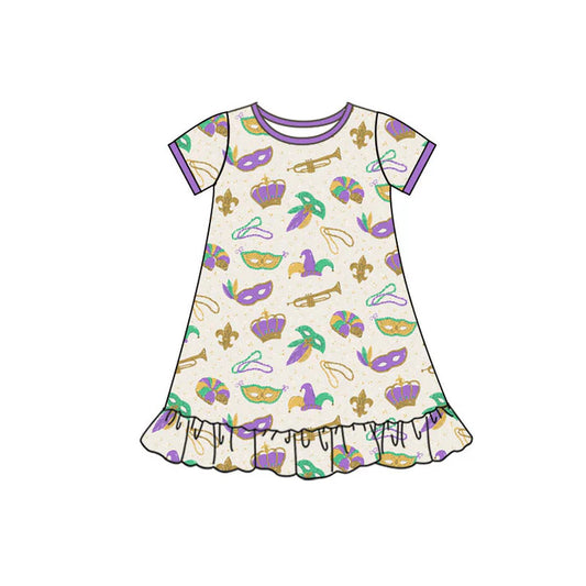 Preorder(moq 5) Baby Girls Mardigras Short Sleeve Anchors Masks Ruffle Knee Length Dresses 10.10