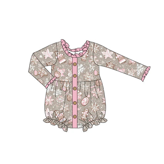 Preorder (moq 5)Baby Girls Light Pink Long Sleeves Gingerbread Snowflake Ruffle Rompers 6.4