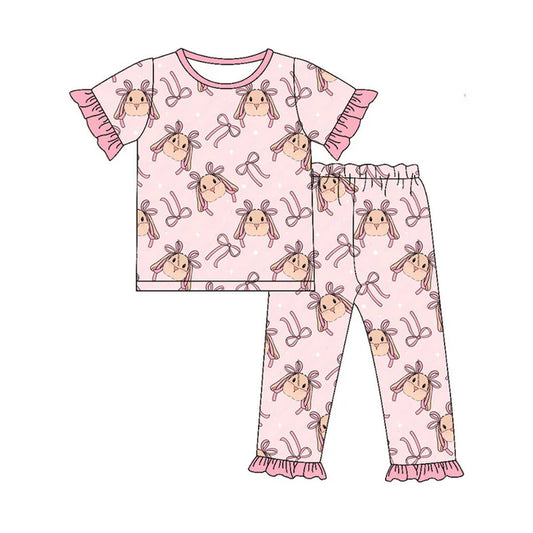 Preorder (moq 8)Baby Girls Pink Bows Rabbits Top Ruffle Pants Easter Pajamas Sets 9.12
