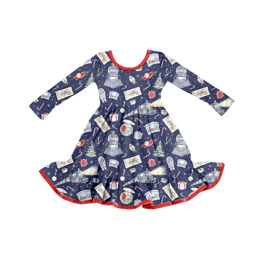 Preorder (moq 5)Baby Girls Gifts Candy Cane Christmas Ruffle Knee Length Dresses 9.4