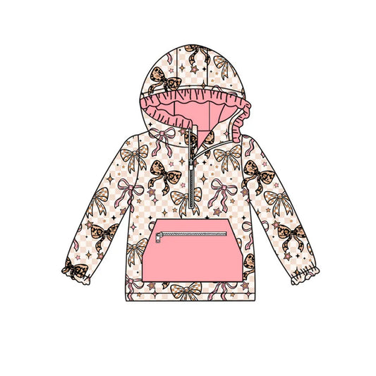 Preorder (moq 8)Baby Girls Bows Stars Checked Pocket Zipper Ruffle Hoodies Top 9.8
