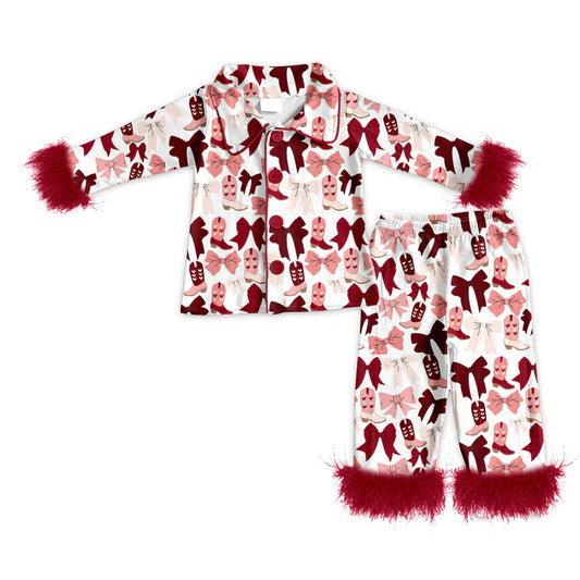 Preorder (moq 5)Baby Girls Red Pink Bows Boots Button Top Pants Valentine Fur Pajamas Sets 9.3