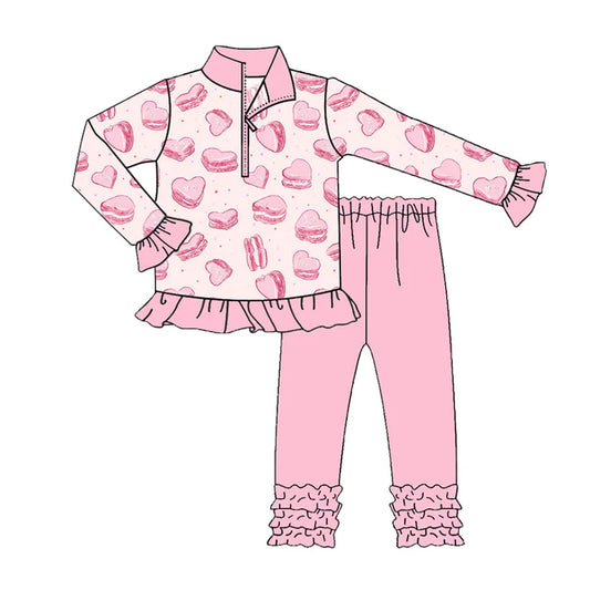 Preorder (moq 5)Baby Girls Pink Hearts Cookie Zipper Pullovers Ruffle Leggings Valentine Clothes Sets 9.4