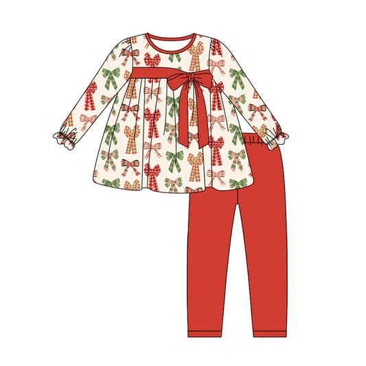 Preorder (moq 5)Baby Girls Long Ruffle Sleeves Plaid Bows Tunic Red Leggings Pant Sets 5.29