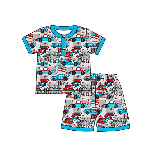 Preorder moq 5 Baby Boys Short Sleeves Cars Stars Button Top Shorts 4th Of July Pajamas Set 4.14