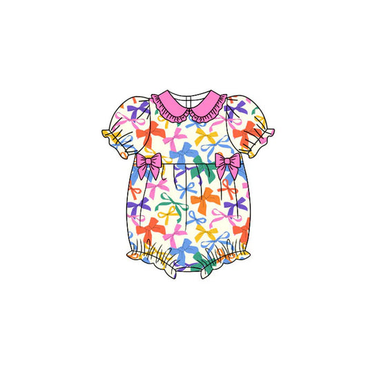 Preorder (moq 5)Baby Girls Short Sleeve Colorful Bows Collar Ruffle Rompers 11.11