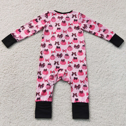 Baby Girls Rompers Pink Bows Pumpkins Fall Two Way Zip Convertible Rompers LR3069