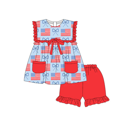 Preorder moq 5 Baby Girls Sleeveless Red Blue Flags Bows Pockets Tunic Ruffle Short 4th Of July Set 4.23