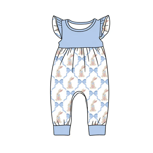 Preorder (moq 5)Baby Girls Flutter Sleeve Blue Bows Rabbits Checked Easter Footie Rompers 12.16