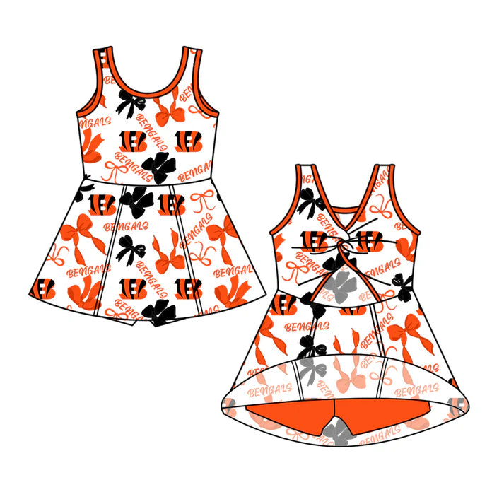 Preorder (moq 5)Baby Girls Red Sleeveless Bengals Bows Plaid Shorts Team Knee Length Dresses 6.30