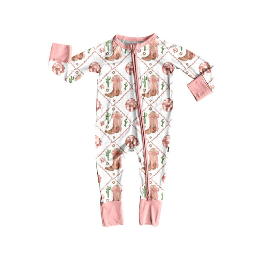 Preorder(moq 5)Baby Girls Western Boots Pink Zipper Footie Rompers 8.12