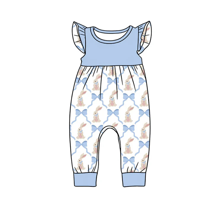 Preorder (moq 5)Baby Girls Flutter Sleeve Blue Bows Rabbits Checked Easter Footie Rompers 12.12