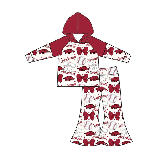 Preorder (moq 5)Baby Girls Long Sleeves Baseballs Bows Arkansas Hoodie Top Bell Bottom Pant Team Set 6.16