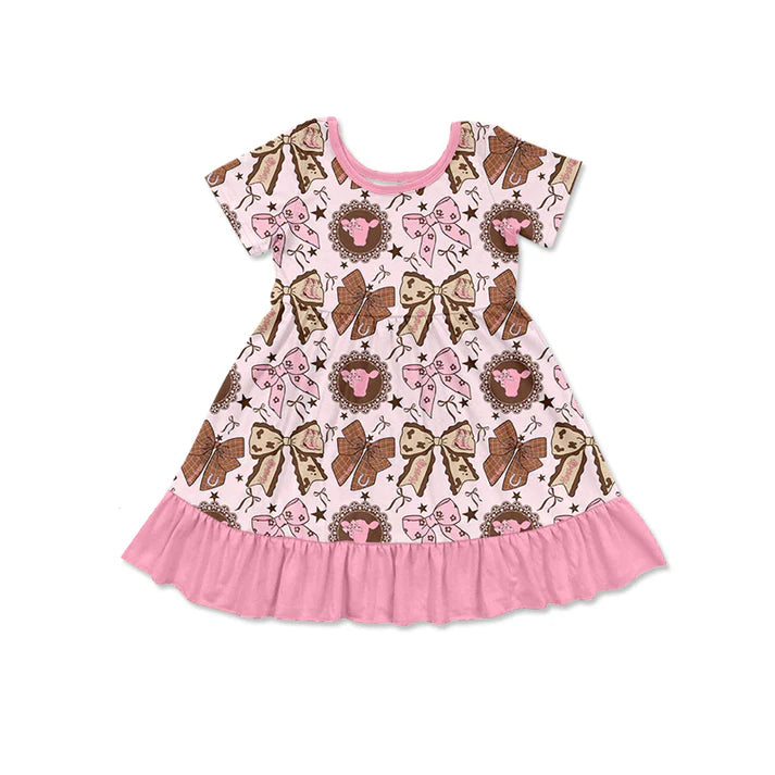 Preorder (moq 5)Baby Girls Pink Bows Highland Cows Western Ruffle Knee Length Dresses 12.6