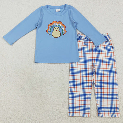 Thanksgiving Baby Boys Clothes Turkey Embroidery Top Checkered Pants Sets GLP2409 BLP1079 7.10