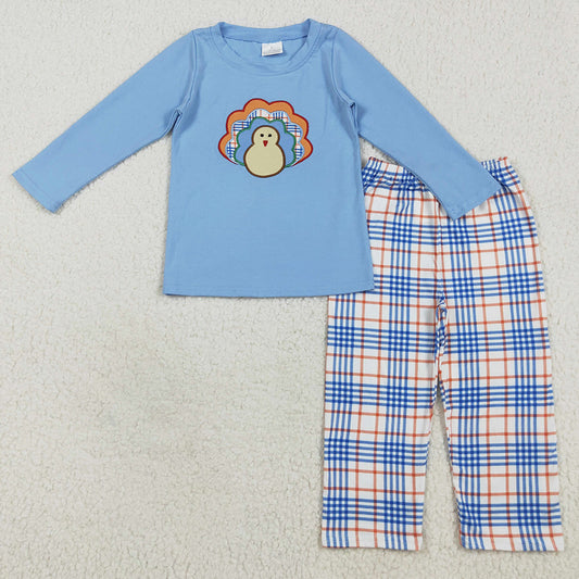 Thanksgiving Baby Boys Clothes Turkey Embroidery Top Checkered Pants Sets GLP2409 BLP1079 7.10