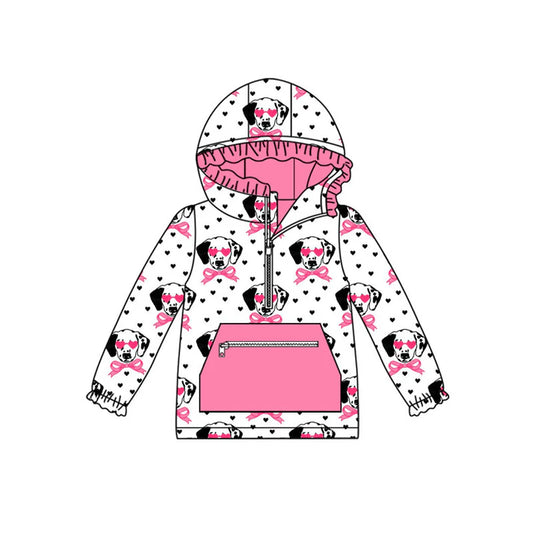 Preorder (moq 5)Baby Girls Valentine Hearts Dogs Bows Pocket Zipper Ruffle Hoodies Top 9.6